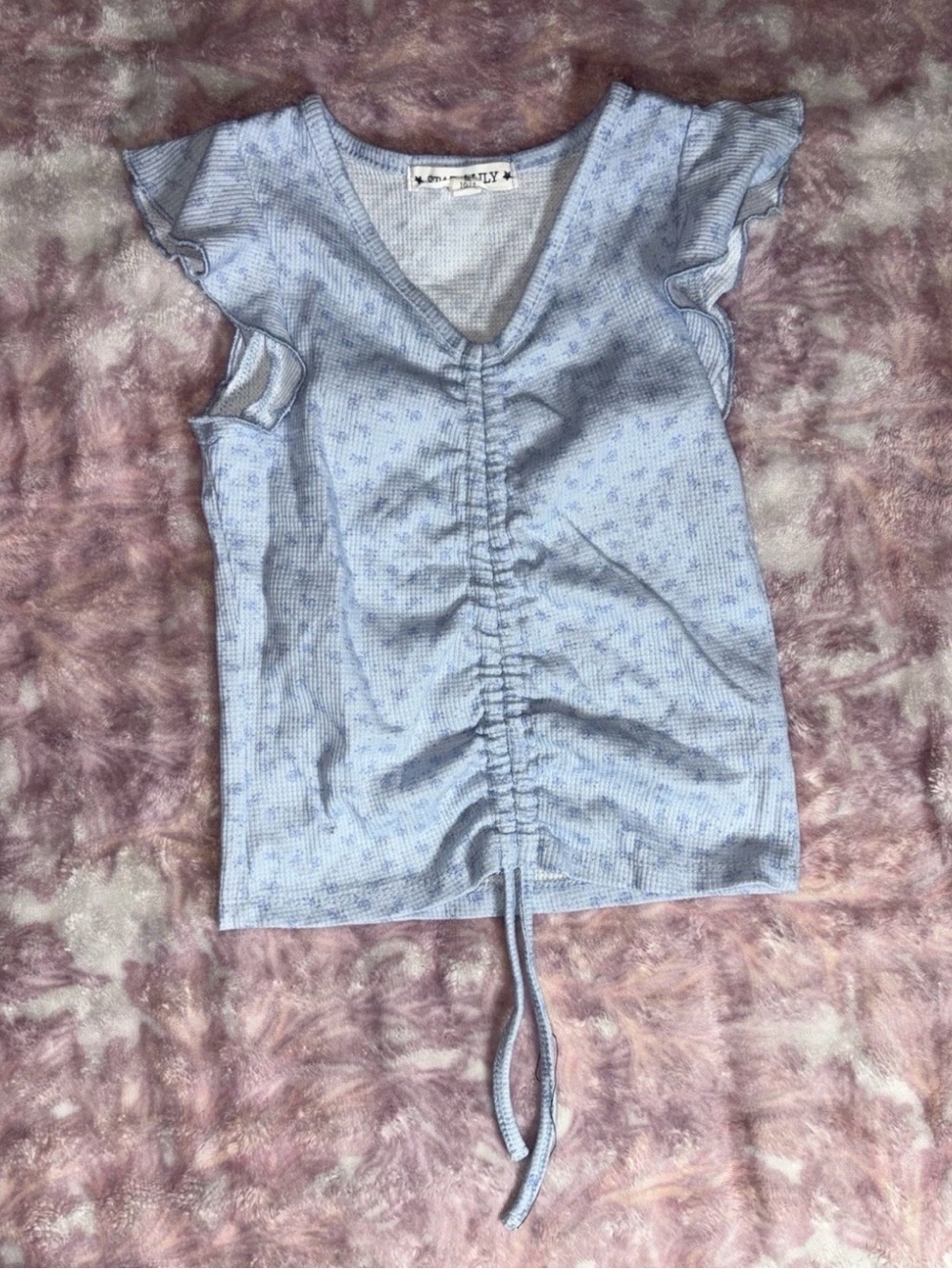 Light Blue Girls' Ruched V-Neck Tee with Flutter Sleeves